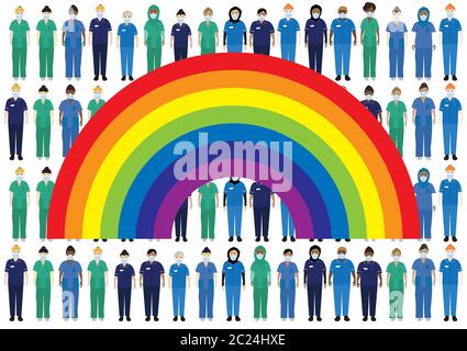 Le personnel de l'hôpital NHS porte des masques avec un arc-en-ciel Illustration de Vecteur