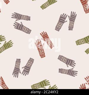 Gant de cuisine hiver sans coutures motif. Arrière-plan saisonnier des fêtes avec gants dessinés à la main. Icône de couleur plane isolée. Tricot Hygge nordique Banque D'Images