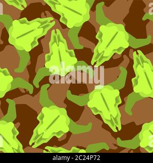 Motif militaire de vache à crâne sans coutures. Squelette de tête de taureau militaire fond vert. Texture vectorielle de la soldat Illustration de Vecteur