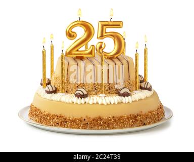 Gâteau de fête avec des bougies d'or - Numéro 25 Banque D'Images