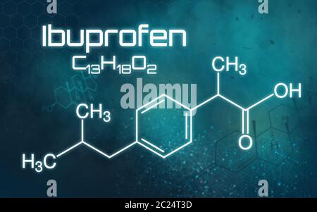 Formule chimique d'ibuprofène sur fond futuriste Banque D'Images