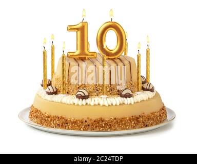 Gâteau de fête avec des bougies d'or - Numéro 10 Banque D'Images