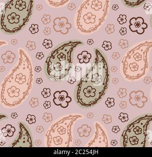 Dessin à la main Indiennne Buta motif vectoriel sans couture. Motif fleuri arabesque Paoulard sur fond rose pâle. Ogee de Bohème peint Illustration de Vecteur