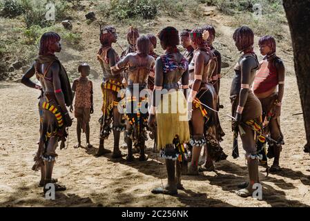 OMO VALLEY, ETHIOPIE - AOÛT 07 2018 : cérémonie de saut de taureau par les membres non identifiés de la tribu Hamer Banque D'Images