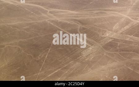 Avion aérien vue panoramique sur les lignes de géoglyphe de Nazca alias perroquet , ICA, Pérou Banque D'Images