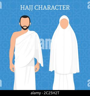 Personnages de pèlerinage homme et femme. Hommes et femmes portant un tissu ihram. Personnages hajj à motif plat. Illustration de Vecteur