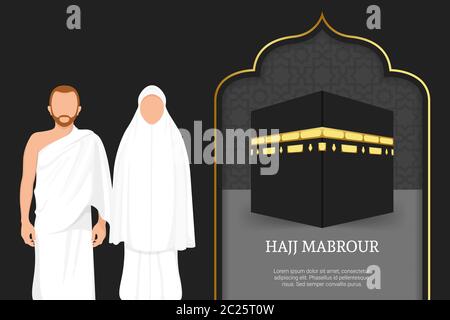 Hajj Mabrour avec Kaaba pour hajj mabroor à la Mecque Arabie Saoudite. Fond islamique de luxe avec personnages de pèlerinage masculins et féminins. Illustration de Vecteur