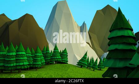 Polygonale bas arbres et montagnes. Paysage. L'informatique graphique. Le rendu 3D Banque D'Images