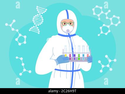 Femme scientifique médecin avec des flacons, en combinaison de protection et masque antiviral. Personnage de dessin animé plat de recherche en laboratoire chimique. Concept de découverte de vaccins contre le coronavirus. Illustration vectorielle isolée Illustration de Vecteur