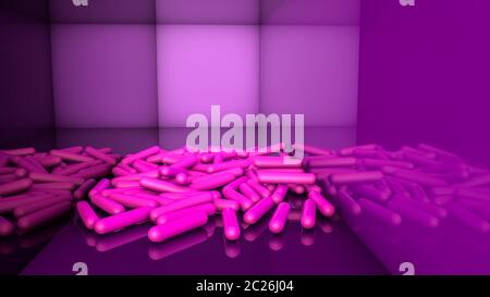 Abstract background néon. Capsules rose sur fond violet.. illustration 3D render Banque D'Images