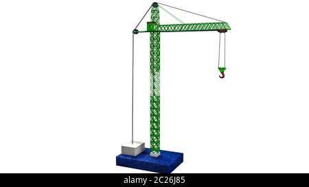 Modèle d'une grue jouet de couleur verte. Le rendu 3D Banque D'Images