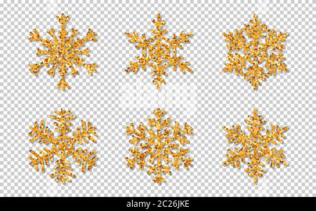 Ensemble de flocons de neige à paillettes dorées. Glace en cristal emblématique avec effet de lumière doré brillant. Décoration de Noël scintillante de forme différente. Illustration vectorielle sur fond transparent Illustration de Vecteur