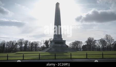 Des détails architecturaux de l'Édifice Wellington Testimonial obélisque dans le Phoenix Park de Dublin, Irlande sur une journée d'hiver Banque D'Images