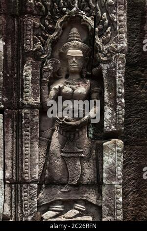 Mur de relief du temple Banteay Kdei, temple bouddhiste, temple khmer ancien, Parc archéologique d'Angkor, Siem Reap, Cambodge, Asie du Sud-est, Asie Banque D'Images