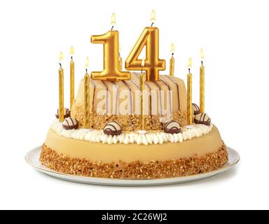 Gâteau de fête avec des bougies d'or - Numéro 14 Banque D'Images