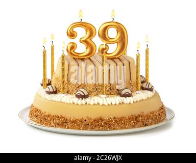 Gâteau de fête avec des bougies d'or - Numéro 39 Banque D'Images