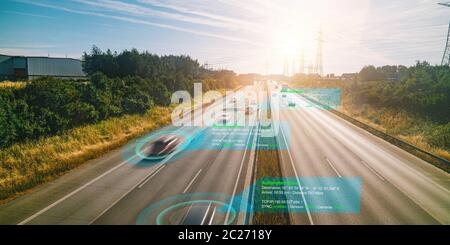 Smart car (HUD) , véhicule autonome en mode auto-conduite sur route concept iot avec système de signal radar à capteur graphique et connexion de capteur Internet Banque D'Images