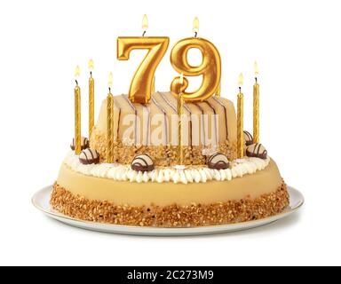 Gâteau de fête avec des bougies d'or - Numéro 79 Banque D'Images