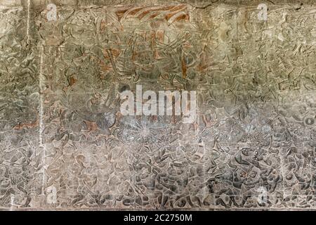 Angkor wat, Bas-relief de l'aile nord à la galerie ouest, scène comme "bataille du Lanka" à Ramayana, Siem Reap, Cambodge, Asie du Sud-est, Asie Banque D'Images