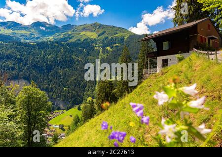 Maison isolée près du village de montagne Lauterbrunnen, Oberland bernois, Suisse. Banque D'Images