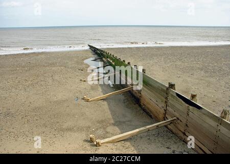 Brise-lames en bois (groyne) avec algues vertes et piscines sur une plage de sable et de galets avec mer calme qui se met à clamer contre la rive. Ciel bleu avec nuage blanc comme Banque D'Images