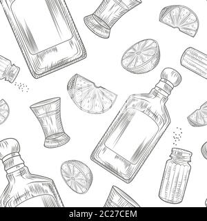 Motif Tequila sans coutures. Verre à feu et bouteille de tequila, sel, lime. Gravure de style vintage. Illustration vectorielle. Illustration de Vecteur