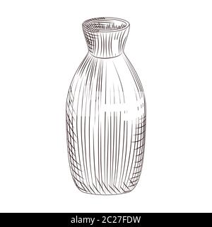 Saké japonais isolé sur fond blanc. Dessin de saké en céramique tiré à la main. Boisson alcoolisée traditionnelle de riz asiatique. Gravure de style vintage. Vect Illustration de Vecteur