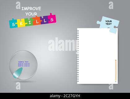 Améliorer vos compétences infographie concept vecteur montrant bille de verre et blanc vide notes à portée de main pour votre texte. Banque D'Images