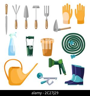 Ensemble d'outils professionnels entretien jardin isolé sur fond blanc dans un style plat. Pelle de collecte, gants, pot, tuyau, spray, arrosoir, bottes. Kit Illustration de Vecteur