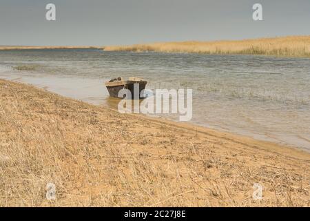 Le bateau dans l'eau. Bateaux à rames dans les roseaux. Bateau en bois sur le lac, un jour d'été. Mer d'Aral, Banque D'Images