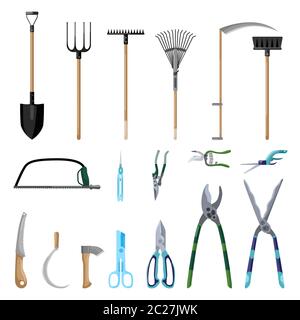 Ensemble d'outils professionnels entretien jardin isolé sur fond blanc dans un style plat. Collecteur secateur, pelle, fourche, balai, hache, scythe, râteau. Kit Illustration de Vecteur