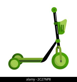 Scooter de coup vert avec un panier isolé sur fond blanc. Pousser le transport du scooter de manière plate. Transport écologique pour les enfants. Illustration vectorielle Illustration de Vecteur