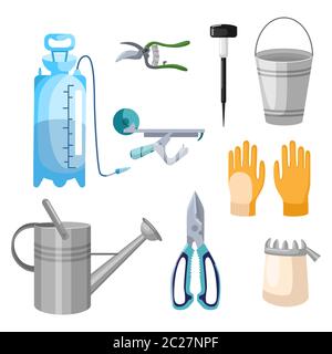 Placez les outils de jardin professionnels sur fond blanc et de style plat. Kit pulvérisateur, feu de rue, gants, seau, arrosoir, sécateur, ceinture à jarretelles, ciseaux Illustration de Vecteur