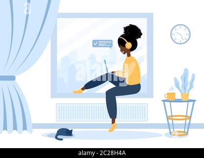 Femmes freelance. Fille africaine dans un casque avec ordinateur portable assis sur le rebord de la fenêtre. Illustration de concept pour travailler, étudier, éducation, travail de Illustration de Vecteur