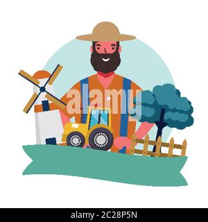 Jardinier homme tracteur conception de moulin à vent et d'arbre, les actions les travailleurs travail travail travail travail travail travail professionnel service professionnel et travail thème illustration vectorielle Illustration de Vecteur