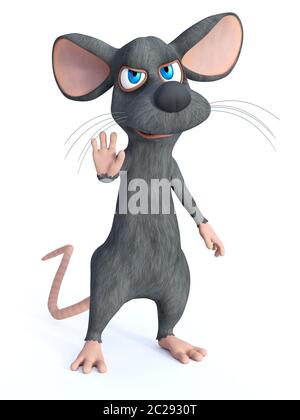 Le rendu 3D d'un cute cartoon souris levant la main vers le haut comme il dit stop. Arrière-plan blanc. Banque D'Images