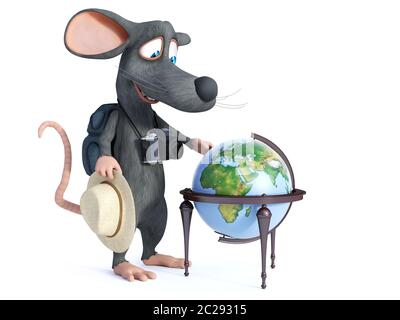 Le rendu 3D d'un sourire mignon cartoon souris avec un chapeau, un appareil photo et son sac à dos comme un touriste. Il est à la recherche d'un globe terrestre, prêt à décider où Banque D'Images