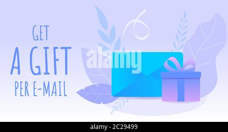 Bannière Web avec cadeau et message. Enveloppe bleue et boîte-cadeau violette ornée de rubans et de feuilles. Illustration de Vecteur