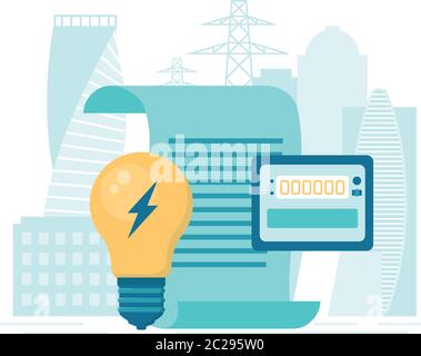 Paiement de type plat des factures de services publics. Illustration vectorielle. Concept de factures d'électricité et d'économies de ressources. Illustration de Vecteur