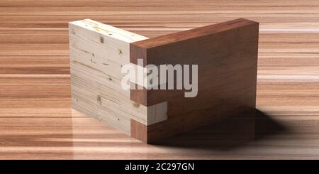Gabarit de joint de boîte en bois, concept de raccordement en queue d'aronde. Travail du bois de l'assemblage de coin avec joints de doigt isolés sur fond en bois. Gros plan. illu 3d Banque D'Images