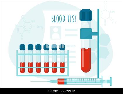 Concept de vecteur de test sanguin. Échantillon de sang dans le tube. Laboratoire de diagnostic et de recherche médicale. Illustration de Vecteur