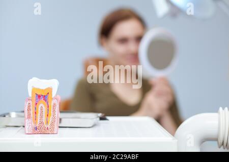 Accent sélectif sur le modèle de dent au premier plan, femme examinant ses dents dans le miroir sur le fond. Une patiente qui vérifie ses dents vers l'arrière Banque D'Images