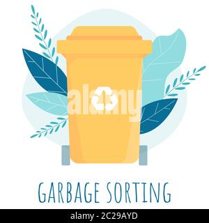 Concept de vecteur de tri des déchets. Illustration plate des poubelles de la rue et de l'intérieur de l'établissement. Recyclez les seaux et les sacs à déchets. Illustration de Vecteur