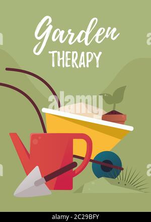 Ensemble d'outils de jardinage. Concept de jardinage. Brouette, plantes, arrosoir, herbe, chariot et fleur en pot. Illustration de Vecteur