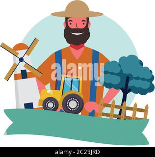 Jardinier homme tracteur conception de moulin à vent et d'arbre, les actions les travailleurs travail travail travail travail travail travail professionnel service professionnel et travail thème illustration vectorielle Illustration de Vecteur