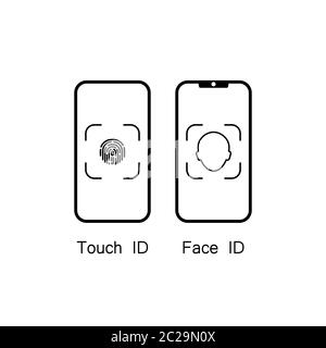 Touchez ID et ID de visage sur l'icône de l'appareil mobile. Vecteur sur fond blanc isolé. SPE 10. Illustration de Vecteur