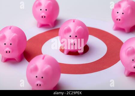 Pink Piggy Banks sur cible de fléchettes entouré d'autres Tirelires sur fond blanc 24 Banque D'Images