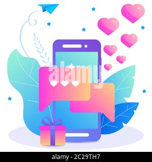 Application de datation. Message d'amour dans un smartphone avec cœur. Illustration de Vecteur