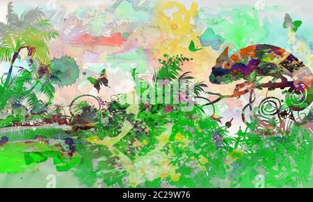 Aquarelle avec un caméléon dans la jungle profonde Banque D'Images