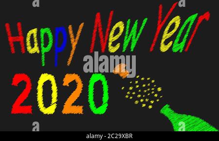 Un vieux tableau noir usé avec un message de bonne année pour 2020 et une bouteille de bulles Banque D'Images